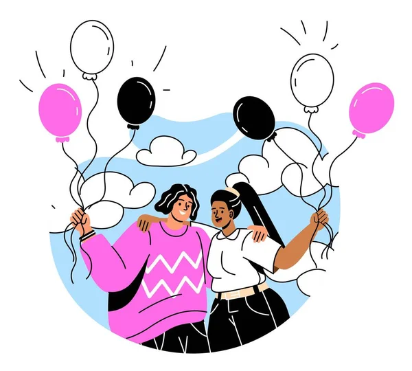 Vrienden Met Ballonnen Outdoor Concept Vrouwen Knuffelen Studenten Vriendinnen Rusten — Stockvector