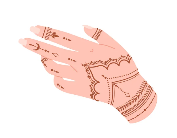 Stock vector Hand with henna tattoo concept. Traditional brown patterns in boho style. Mysticism and esotericism. Witchcraft and sorcery, magic. Cartoon flat vector illustration isolated on white background