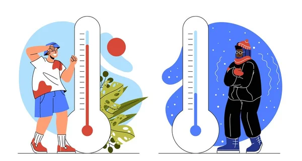 Sıcak Soğuk Hava Kavramı Yazlık Elbiseli Bir Adam Termometrelerin Yanında — Stok Vektör