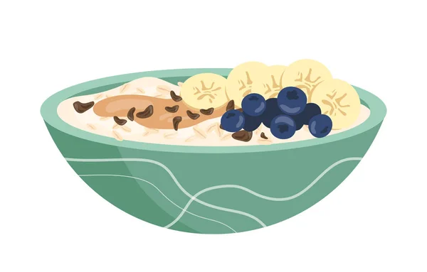 燕麦牛奶粥的概念 美味而健康的早餐 有浆果和水果 素食和适当的营养 在白色背景上孤立的卡通平面矢量图解 — 图库矢量图片