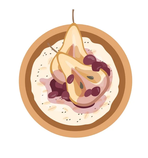燕麦牛奶粥顶部视图概念 健康和传统的早餐与梨 在白色背景上孤立的卡通平面矢量图解 — 图库矢量图片