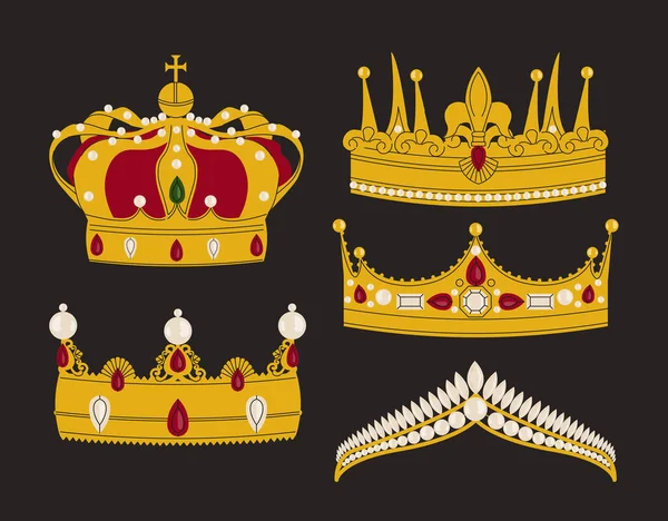 一套金冠的概念 传统的古董珠宝和装饰品 权力的象征 王室和君主制 脖子和头晕 在黑色背景上孤立的卡通平面矢量集合 — 图库矢量图片