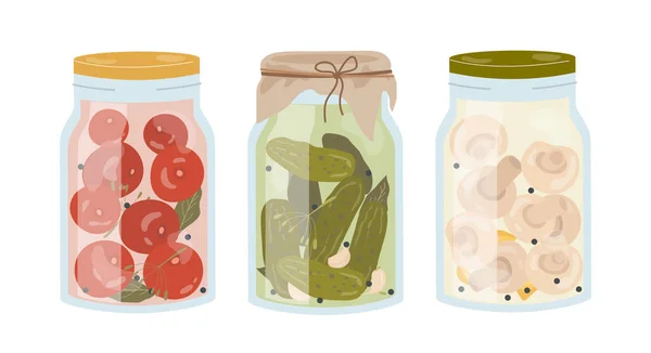 Conjunto Verduras Frascos Vidrio Concepto Tomates Pepinos Champiñones Productos Naturales — Vector de stock