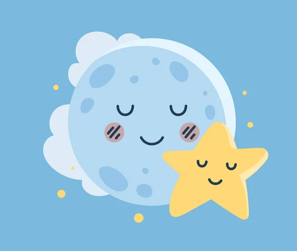 Lua Gira Com Conceito Estrela Noite Dia Céu Personagens Amigáveis — Vetor de Stock