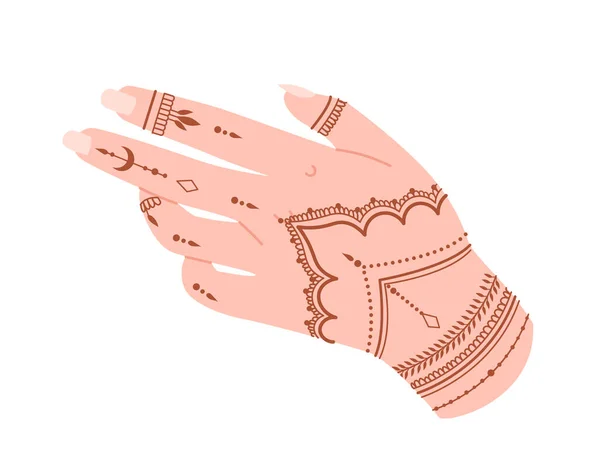 Hand Met Henna Tattoo Concept Traditionele Bruine Patronen Boho Stijl — Stockvector