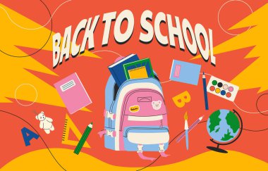 Okul afişi konseptine geri dönelim. Kitaplar ve küreyle dolu bir çanta. Eğitim ve eğitim, öğrenme. 1 Eylül ve uluslararası tatil, bilgi günü. Çizgi film düz vektör çizimi