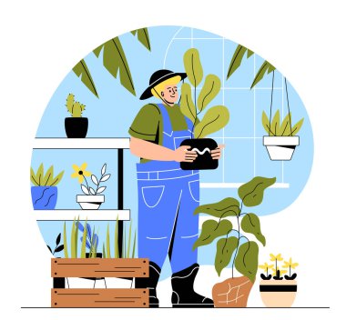Bahçe konseptinde üniformalı bir adam. Bahçıvanlık, bahçıvanlık ve tarım. Tulumlu genç adam elinde saksıyla dikiliyor. Bitkilere ve doğaya özen göster. Çizgi film düz vektör çizimi