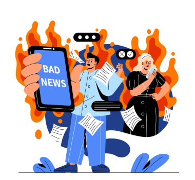 Sosyal medya kavramına kıyamet kopuyor. Adam elinde akıllı telefonuyla arka plandaki ateşe karşı duruyor. İnternet, bilgi ve içeriğe bağımlılık. Gadget bağımlılığı. Çizgi film düz vektör çizimi
