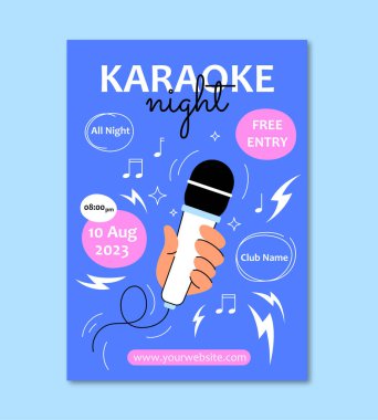 Karaoke gecesi reklam afişi. El ele tutuşan mikrofon. Disko ve parti, gençlik kültürü. Gece kulübü başvuru kartı. Müzik, şarkı ve dans. Çizgi film düz vektör çizimi