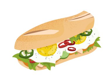 Sebzeli sandviç ve et konsepti. Yumurtalı, salatalı ve biberli sosisli. Fast food, abur cubur ve yağ yeme. Sosyal medya etiketi. Çizgi film düz vektör çizimi beyaz arkaplanda izole edildi