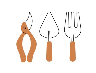 Botanik bahçesi küçük aletler konsepti. Çelik kesiciler, kürek ve tırmık. Çiftçilik ve tarım, köy. Poster ya da afiş. Çizgi film düz vektör çizimi beyaz arkaplanda izole edildi