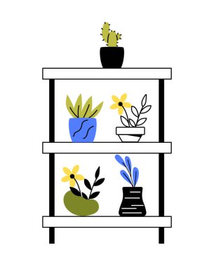 Masa konseptinde botanik bahçesi saksıları. Estetik ve zarafet. Dekor ve iç mekan elementleri. Evdeki rahatlık ve rahatlık. Çizgi film düz vektör çizimi beyaz arkaplanda izole edildi
