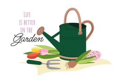 Çiçekler ve sulama konsepti. Bitkiler ve çiçekler büyüyen aletlerin yanında. Tarım ve bahçıvanlık. Botanik ve çiçekçilik. Laleler ve tırmıkla eğilin. Çizgi film düz vektör çizimi