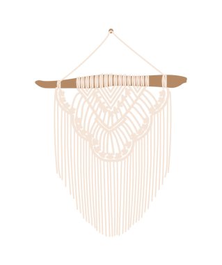 Handcrafted macrame on pendant concept. White lines of fabric and rope on wooden plank. Traditions and culture. Comfort and coziness. Cartoon flat vector illustration isolated on white background clipart