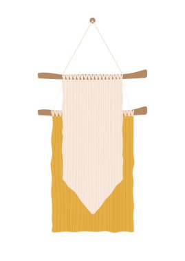 Kolye kavramında el yapımı makrome. Tahtalarda beyaz ve turuncu bayraklar. El yapımı, rahat ve rahat. Sosyal medya etiketi. Çizgi film düz vektör çizimi beyaz arkaplanda izole edildi