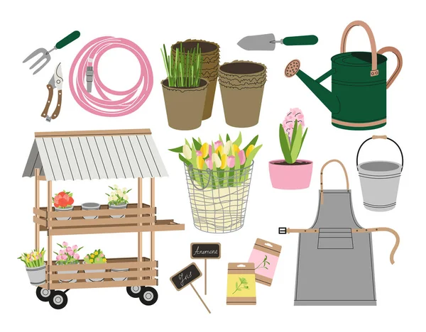 Set Inventaris Untuk Konsep Berkebun Sekop Pot Bunga Dan Kaleng - Stok Vektor