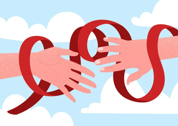 Red Thread Hands Concept Metaphor Liberation Help Support Romantic Relationships — Stock Vector