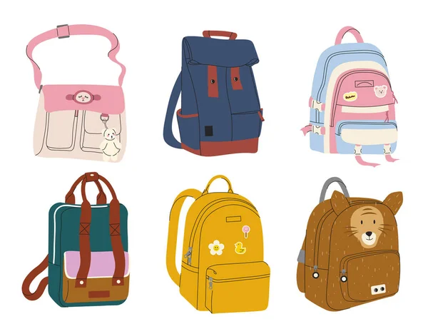 Okul Çantaları Çantaları Hazır Eğitim Eğitim Öğrenciler Liseli Kızlar Öğrenciler — Stok Vektör