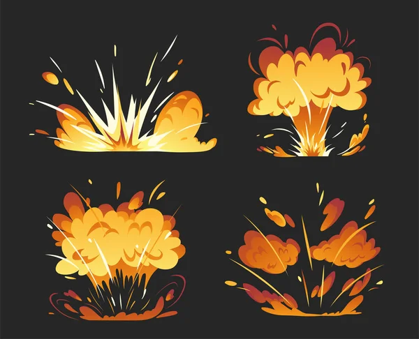 炸弹和武器爆炸开始 销毁和拆毁 战争和冲突 炸药和火 在黑色背景上孤立的卡通平面矢量集合 — 图库矢量图片
