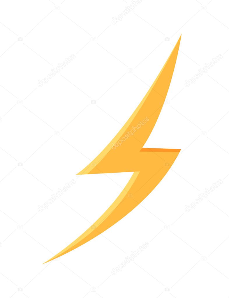 Yellow lightning icon concept. Electricity, voltage and power. Symbol of speed. Danger and caution. Template, layout and mock up. Cartoon flat vector illustration isolated on white background