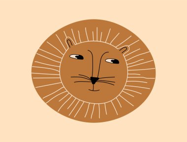 Çocuk odası aslan oyuncağı konsepti. Rahatlık ve rahatlık. Avcı ve hayvanların kralı, tropikal ve egzotik hayvanlar. Çocuklar için maskot. Çizgi film düz vektör çizimi bej arkaplanda izole edildi