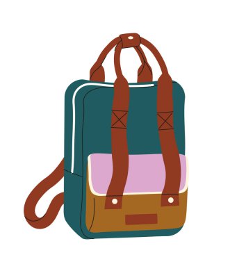 Yeşil okul sırt çantası konsepti. Üniversite, üniversite ya da okul. Eğitim ve eğitim. Sosyal ağlar ve kuryeler için etiket. Çizgi film düz vektör çizimi beyaz arkaplanda izole edildi