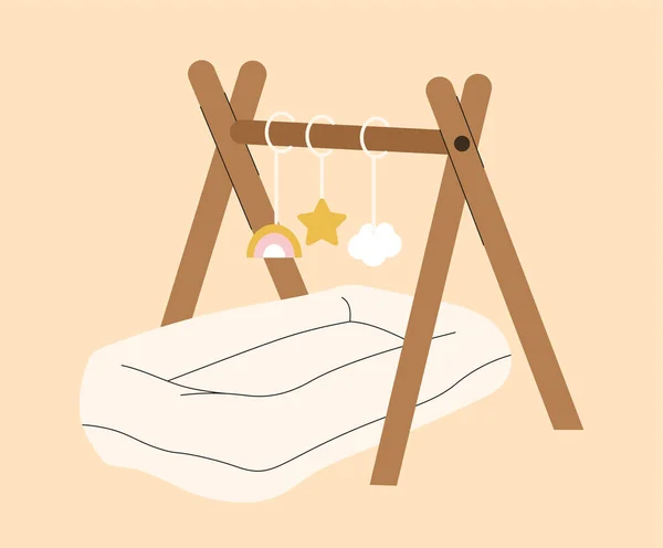 Kinderkamer Wieg Concept Comfort Gezelligheid Bed Met Speelgoed Hanger Regenboog — Stockvector