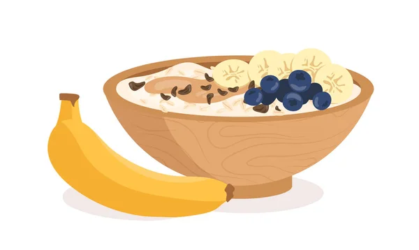 带有香蕉概念的燕麦片 牛奶粥和蓝莓 健康的早餐和传统的早餐 素食和适当的营养 卡通平面矢量插图 — 图库矢量图片