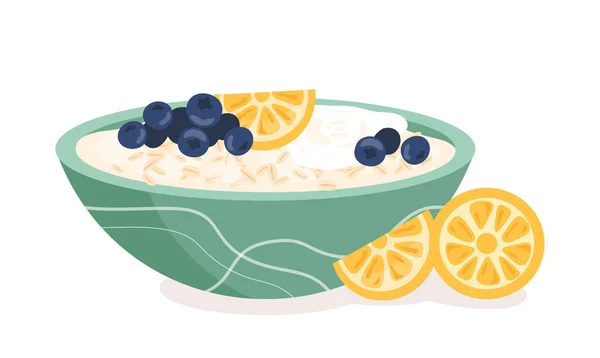 用桔子概念做燕麦片 牛奶粥和蓝莓 传统的健康饮食与维生素 社交媒体贴纸 卡通平面矢量插图 — 图库矢量图片