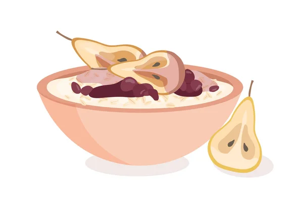 有梨子概念的燕麦片 牛奶粥和多汁的浆果 健康的饮食和适当的营养 网站的海报或横幅 卡通平面矢量插图 — 图库矢量图片