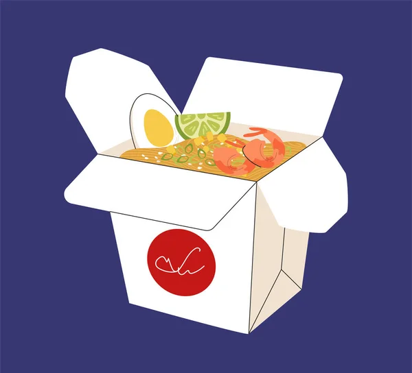 拉面汤在盒子里的概念 纸板包装与传统的亚洲汤与鸡蛋和蔬菜 咖啡店或餐厅的菜单 在蓝色背景上孤立的卡通平面矢量图解 — 图库矢量图片