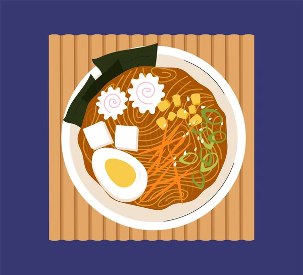 ボウルトップビューのコンセプトでラーメンスープ ニンジンと麺 卵と野菜 伝統的なアジア韓国料理 自家製の食事 漫画のフラットベクトルイラストは青の背景に隔離 — ストックベクタ