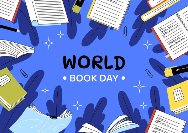 Dünya kitap günü konsepti. Uluslararası tatil ve festival. Okuma ve edebiyat aşkı. Eğitim ve öğrenme, bilgi ve bilgi. Ders kitabı ve kurgu. Çizgi film düz vektör çizimi