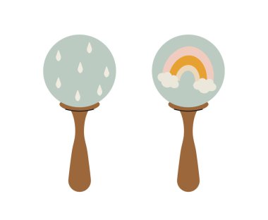 Bebek İskandinav tarzında sallanıyor. Gökkuşağı şeklinde bir bebek için oyuncak. Çocuk odasında rahatlama ve zevk. Poster ya da afiş. Çizgi film düz vektör çizimi beyaz arkaplanda izole edildi