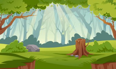Orman güzel manzara vektörü konsepti. Ağaçlar ve çalılar ile açıklık, güzel doğal manzara. Animasyon ve oyunlar için arka plan. Bahar ve yaz günü. Çizgi film düz çizimi