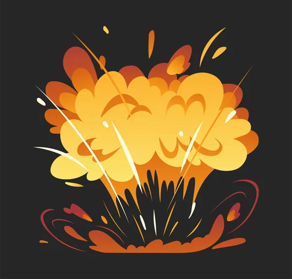 炸弹爆炸矢量的概念 销毁和拆除 火焰和闪光 炸药和炸弹 手榴弹效果 在黑色背景上孤立的卡通平面插图 — 图库矢量图片
