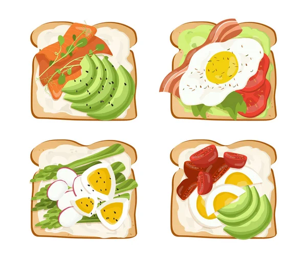 早餐烘焙顶部视图集 油炸面包 肉和蛋 健康的饮食和适当的营养 早上的菜单在白色背景下孤立的卡通平面矢量集合 — 图库矢量图片