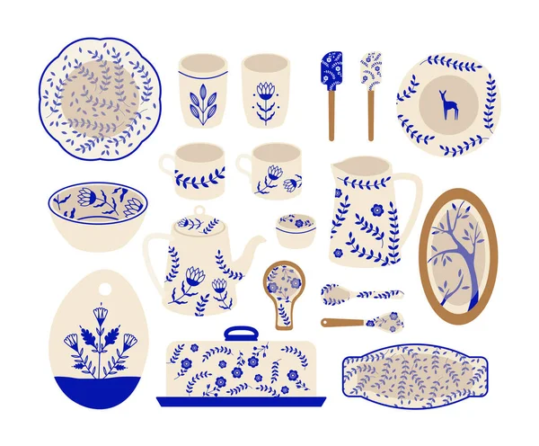 Decorative Tableware Ornaments Set Kitchen Utensil Cup Mug Teapot Blue — Stock Vector