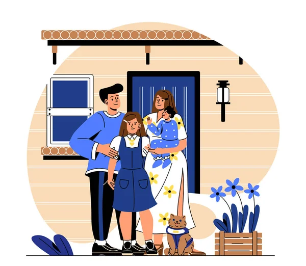 幸福的家庭临近家的概念 男男女女带着孩子站在私人住宅的入口附近 父母和孩子在夏天或春天的户外 卡通平面矢量插图 — 图库矢量图片