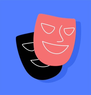 Kırmızı ve siyah maskeli çıkartma kavramı. Olay yerinde sahnelenecek bir sürü tiyatro eşyası. Farklı duygular. Şablon, yerleşim ve modelleme. Çizgi film düz vektör çizimi mavi arkaplanda izole edildi