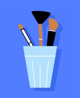 Fırça etiketli fincan. Atölye ekipmanları ve tuval boyama. Sanat malzemeleri için. Web sitesi afişi ya da afişi. Çizgi film düz vektör çizimi mavi arkaplanda izole edildi