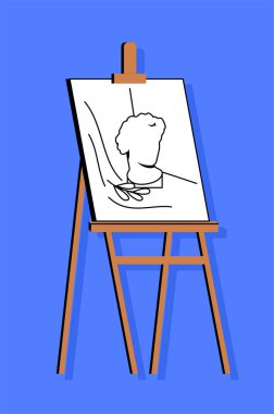 Çizim etiketi konulu tuval. Sanat ve yaratıcılık, ressam ve sanatçı için atölye envanteri. Şablon, yerleşim ve modelleme. Çizgi film düz vektör çizimi mavi arkaplanda izole edildi
