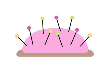 İğne yatak çıkartması konsepti. Wokrshop ve moda stüdyosu için ekipman. Terzi ve atölye görevlisi. Web sitesi afişi ya da afişi. Çizgi film düz vektör çizimi beyaz arkaplanda izole edildi