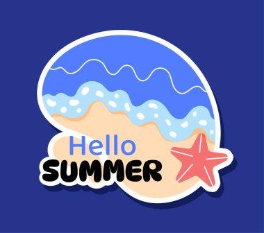 Şirin bir yaz etiketi konsepti. Dalgalı ve deniz yıldızlı kumlu kıyı manzarası. Tropikal ve egzotik ülkelerde yaz mevsimi. Çizgi film düz vektör çizimi mavi arkaplanda izole edildi