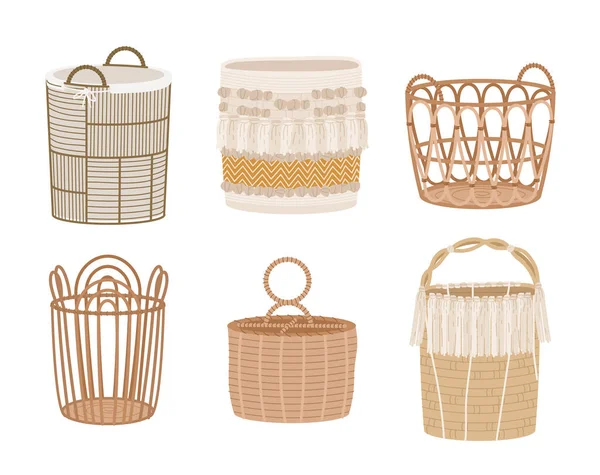 Set Wooden Baskets Elements Decor Interior Apartment Home Comfort Coziness — Stock Vector