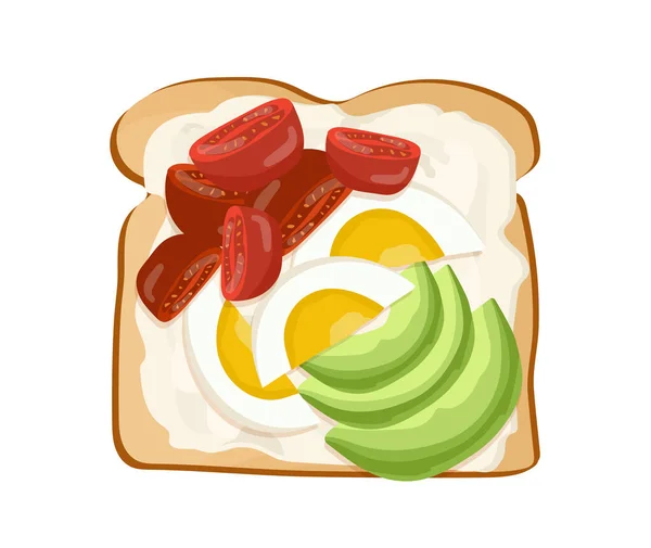 早餐吐司顶部视图的概念 用鸡蛋 西红柿和黄瓜煎面包 素食和营养 社交媒体贴纸 在白色背景上孤立的卡通平面矢量图解 — 图库矢量图片