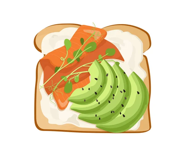 早餐吐司顶部视图的概念 用鲑鱼 黄瓜和生菜煎面包 蔬菜和海鲜 传统的早膳 在白色背景上孤立的卡通平面矢量图解 — 图库矢量图片