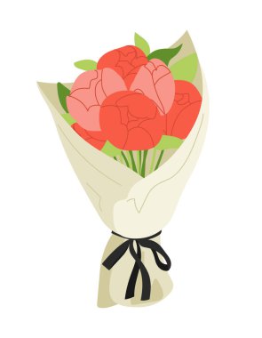 Çiçek buketi konsepti. Pakette çiçek ve kırmızı güller var. Düğün için hediye ve hediye. Web sitesi afişi ya da afişi. Çizgi film düz vektör çizimi beyaz arkaplanda izole edildi