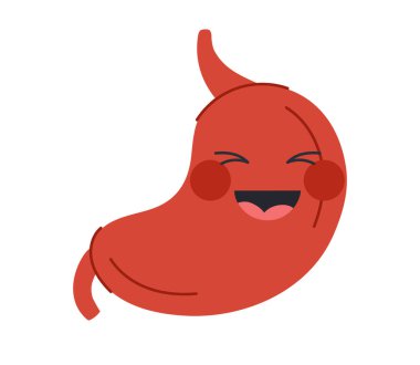 Sevimli insan midesi konsepti. Biyoloji, anatomi, fisikoloji. İç organ maskotu, vücut. Web sitesi afişi ya da afişi. Çizgi film düz vektör çizimi beyaz arkaplanda izole edildi