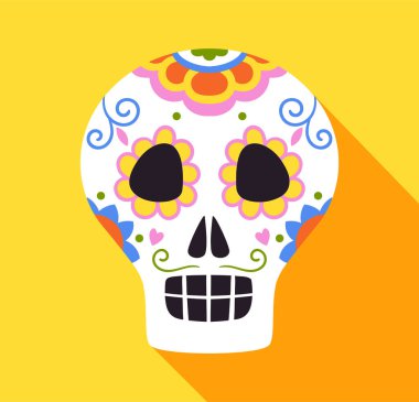 Dia de los muertos renkli kafatası konsepti. Geleneksel Meksika bayramı ve festivali. Ölüler günü. Web sitesi afişi ya da afişi. Çizgi film düz vektör çizimi sarı arkaplanda izole edildi